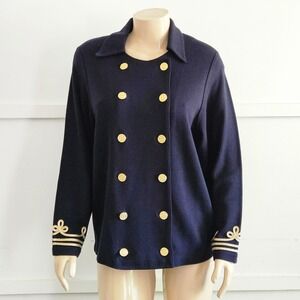 August Max Woman Navy Blue Nautical Knit Jacket Gold Crest Buttons Size X NWT